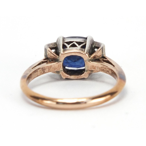 785 - Art Deco unmarked gold blue and white sapphire ring, size M, approximate weight 3.6g