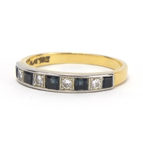 759 - 18ct gold and platinum diamond and sapphire half eternity ring, size R, approximate weight 4.0g