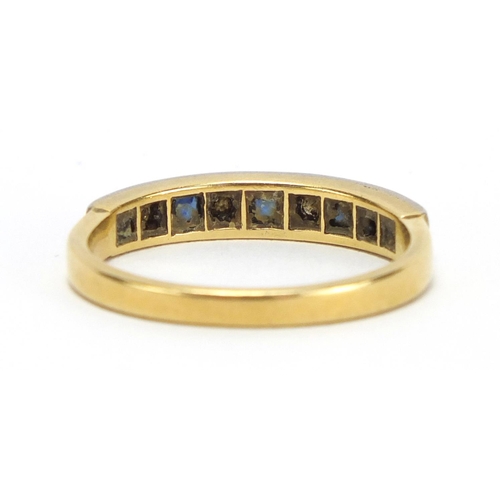 759 - 18ct gold and platinum diamond and sapphire half eternity ring, size R, approximate weight 4.0g