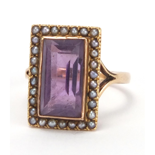 686 - Victorian unmarked gold amethyst and seed pearl ring, size O, approximate weight 6.3g