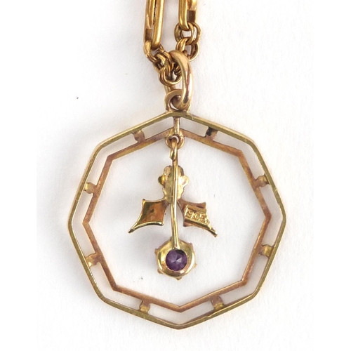 732 - Art Nouveau 9ct gold amethyst and seed pearl pendant on a 9ct gold necklace, the pendant 3cm in leng... 