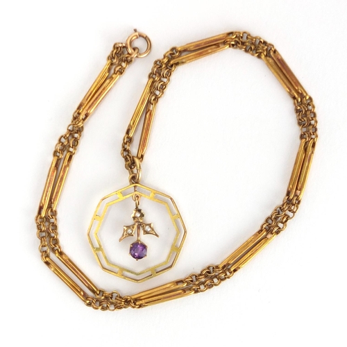 732 - Art Nouveau 9ct gold amethyst and seed pearl pendant on a 9ct gold necklace, the pendant 3cm in leng... 