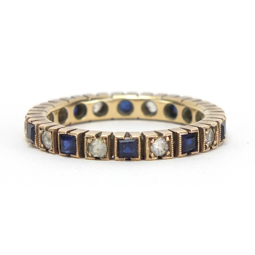 777 - Unmarked gold sapphire and spinel eternity ring, size Q, approximate weight 3.6g