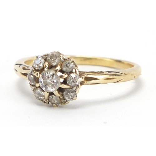 718 - Unmarked gold diamond nine stone cluster ring, size O, approximate weight 2.6g