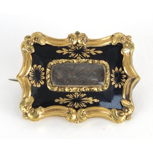 728 - Victorian unmarked gold black enamel mourning brooch, engraved M Fowler Oct .6.1890, 3cm in length, ... 