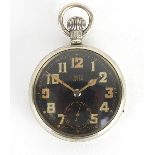 856 - Gentleman's Military issue Rolex open face pocket watch, with subsidiary dial, the case engraved A 8... 