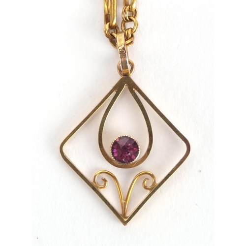 748 - Art Nouveau 9ct gold pink stone pendant, on a 9ct gold necklace, the pendant 2.8cm in length, approx... 