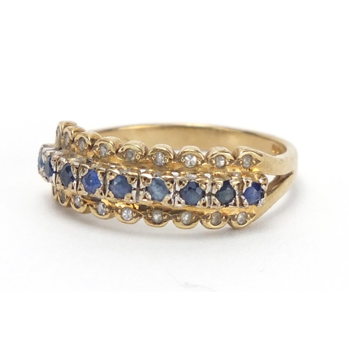 766 - 9ct gold sapphire and diamond half eternity ring, size P, approximate weight 3.0g