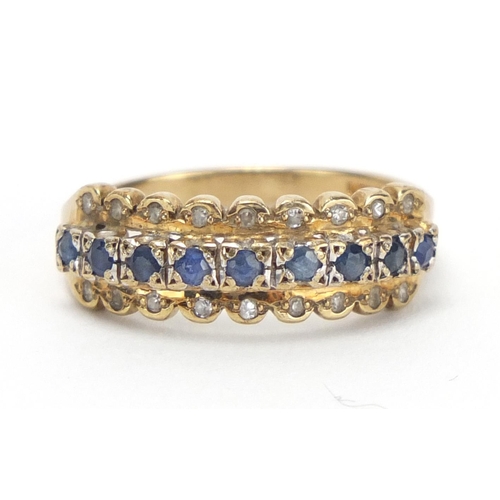 766 - 9ct gold sapphire and diamond half eternity ring, size P, approximate weight 3.0g