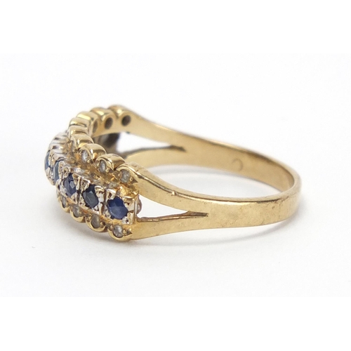 766 - 9ct gold sapphire and diamond half eternity ring, size P, approximate weight 3.0g