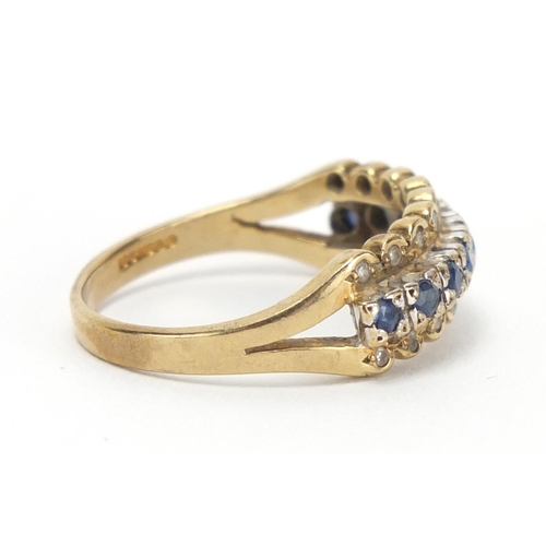 766 - 9ct gold sapphire and diamond half eternity ring, size P, approximate weight 3.0g