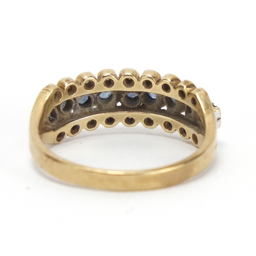 766 - 9ct gold sapphire and diamond half eternity ring, size P, approximate weight 3.0g