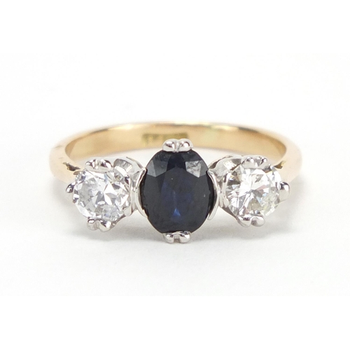 671 - 18ct gold sapphire and diamond three stone ring, size L, approximate weight 3.0g
