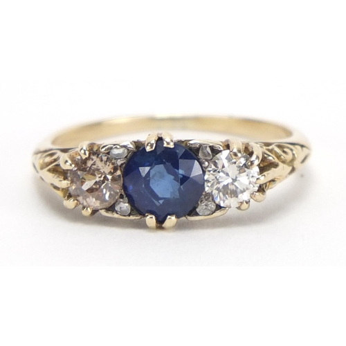 682 - Unmarked gold sapphire and diamond ring, size P, approximate weight 3.3g