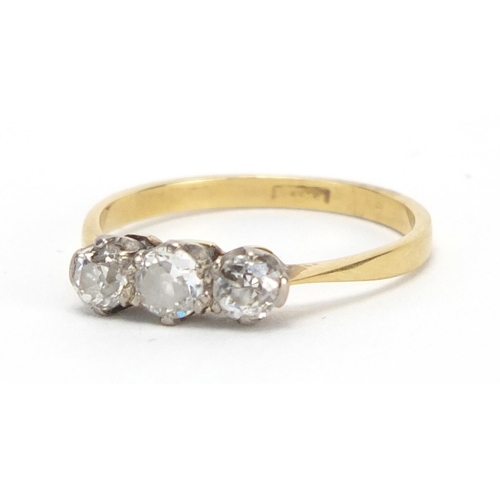 729 - 18ct gold diamond three stone ring, size M, approximate weight 2.0g