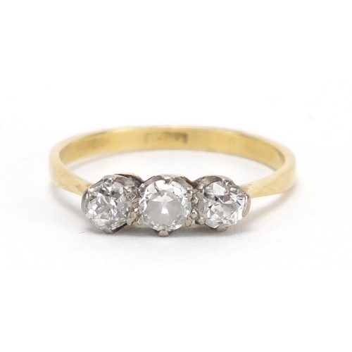 729 - 18ct gold diamond three stone ring, size M, approximate weight 2.0g