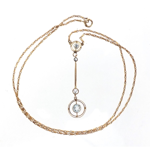 744 - 9ct gold aquamarine and pearl necklace, 44cm in length, approximate weight 5.0g