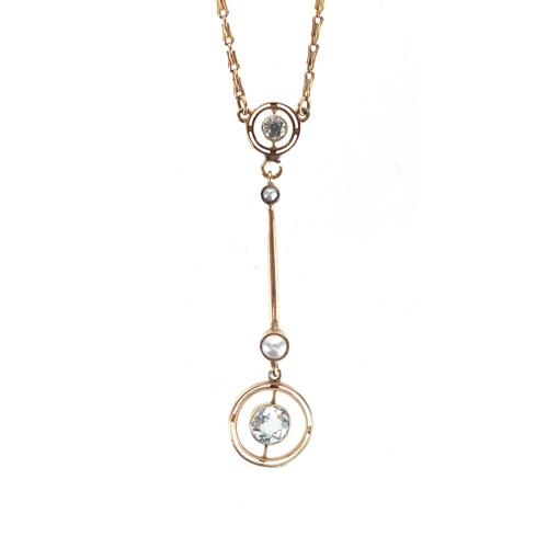 744 - 9ct gold aquamarine and pearl necklace, 44cm in length, approximate weight 5.0g