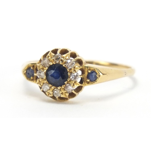 708 - Unmarked 18ct gold sapphire and diamond ring, size V, approximate weight 2.5g