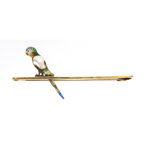 737 - 15ct gold enameled and pearl parrot bar brooch, 5cm in length, approximate weight 3.3g