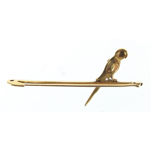 737 - 15ct gold enameled and pearl parrot bar brooch, 5cm in length, approximate weight 3.3g