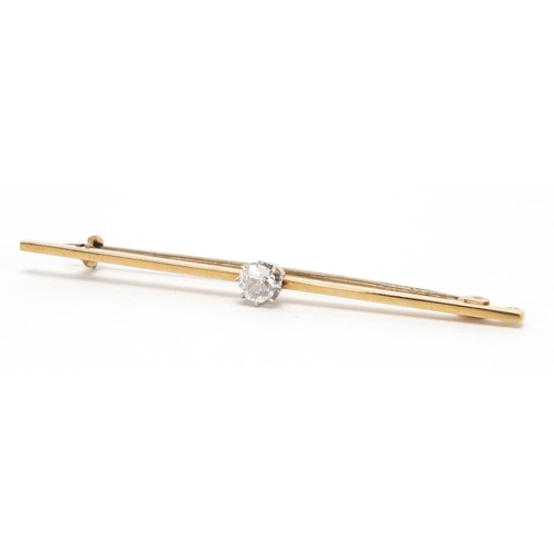 740 - Unmarked gold diamond solitaire bar brooch, 5.8cm in length, approximate weight 2.8g