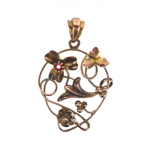 792 - Art Nouveau 9ct gold garnet pendant, 3.2cm in length, approximate weight 1.9g