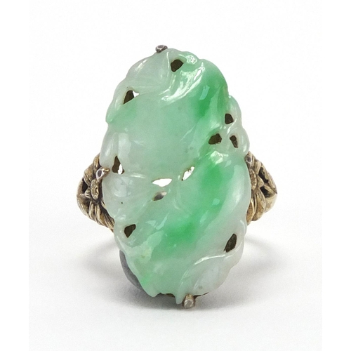 403 - Chinese silver and green jade ring carved with fruit amongst leaves, size O, approximate weight 7.6g