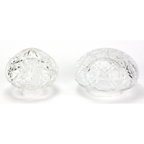 455 - Two cut crystal toadstool lamp shades, the largest 20cm in diameter