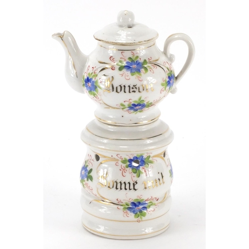 460 - Victorian porcelain teapot on stand, hand gilded and painted with flowers, 22cm high