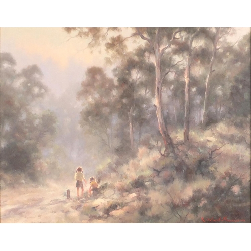 933 - Ramon Ward-Thompson - School bus stop near Kandos, New South Wales, oil on board, sined and inscribe... 