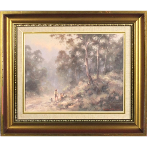 933 - Ramon Ward-Thompson - School bus stop near Kandos, New South Wales, oil on board, sined and inscribe... 