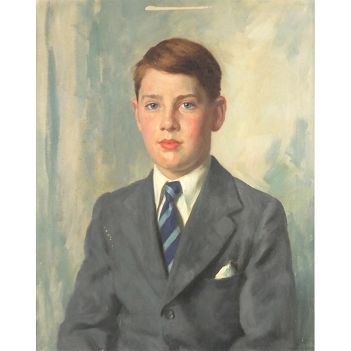 931 - Frank Jameson - Portrait of Master Scott in school uniform, oil on canvas, signed and inscribed vers... 