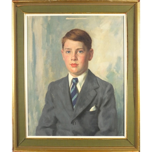 931 - Frank Jameson - Portrait of Master Scott in school uniform, oil on canvas, signed and inscribed vers... 