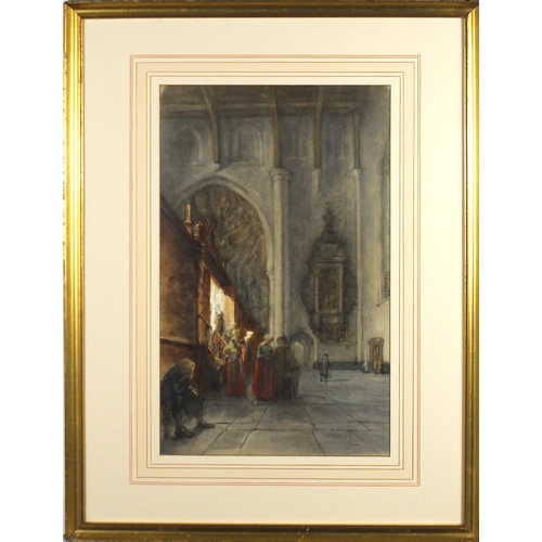 960 - Jules Victor Genisson - Figures in a cathedral interior, pencil and watercolour, signed, mounted and... 