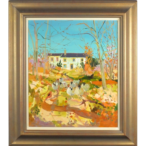 884 - James Harrigan - White Farm, oil on board, label verso, mounted and framed, 60cm x 49cm