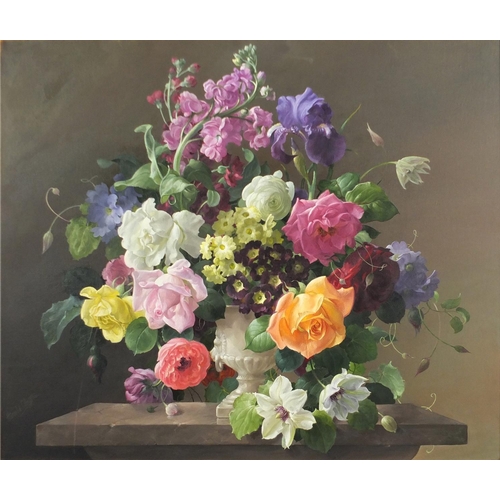 862 - Harold Clayton - A Flush of Summer Flowers, oil on canvas, Stacy Marks label and insurance valuation... 
