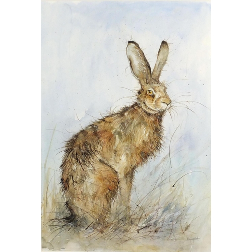 951 - Kate Wyatt - Portrait of a hare, mixed media, label verso, mounted and framed, 54cm x 36.5cm