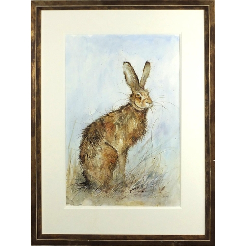 951 - Kate Wyatt - Portrait of a hare, mixed media, label verso, mounted and framed, 54cm x 36.5cm