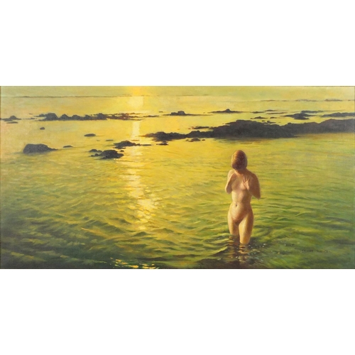 927 - Spencer Roberts - Morning reflections, oil on canvas, label verso, mounted and framed, 75cm x 39.5cm