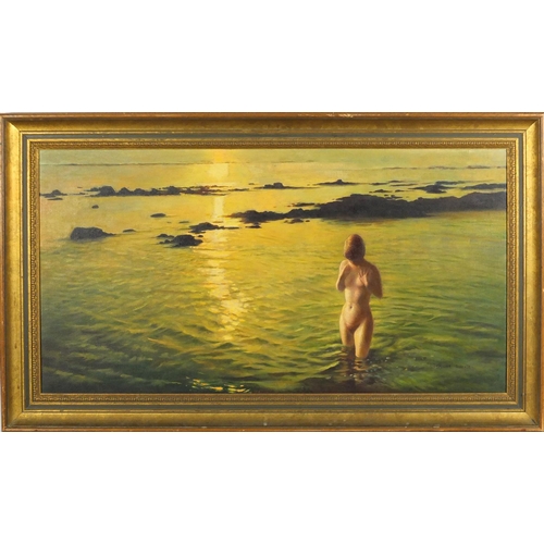 927 - Spencer Roberts - Morning reflections, oil on canvas, label verso, mounted and framed, 75cm x 39.5cm