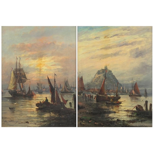 953 - Mooring fishing boats at night, near pair of continental school oil on canvases, framed, the largest... 
