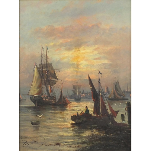953 - Mooring fishing boats at night, near pair of continental school oil on canvases, framed, the largest... 