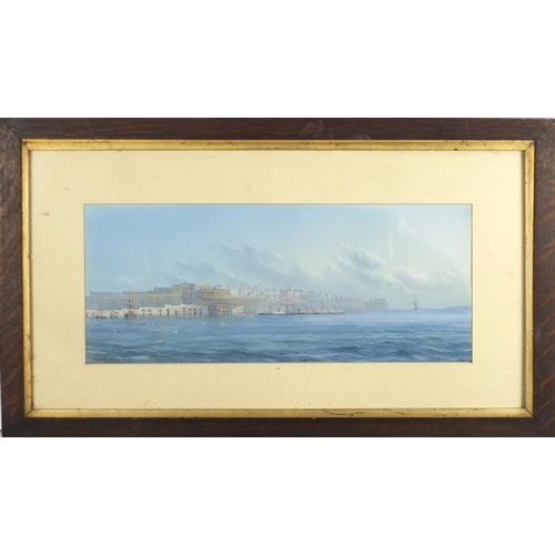 899 - D Esposito - Valletta harbour, 19th century heightened watercolour, mounted and framed, 45.5cm x 18.... 