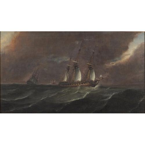 920 - Attributed to Thomas Whitcombe - Rigged ships on stormy seas, oil on wood panel, inscribed label ver... 