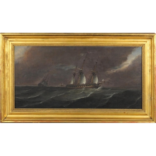 920 - Attributed to Thomas Whitcombe - Rigged ships on stormy seas, oil on wood panel, inscribed label ver... 