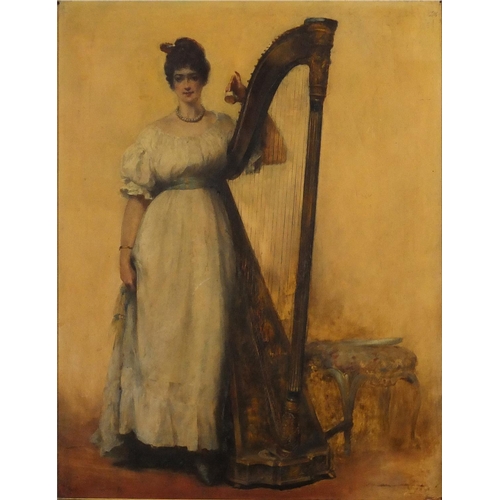 909 - Female beside a harp, antique oil on wood panel, inscribed verso, mounted and framed, 44.5cm x 34cm