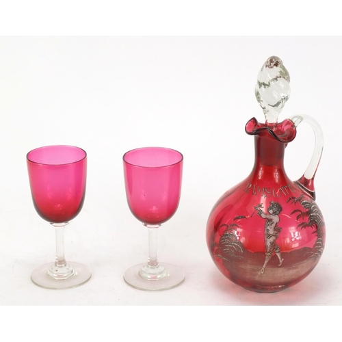 459 - Mary Gregory cranberry glass decanter engraved Ramsgate and two glasses