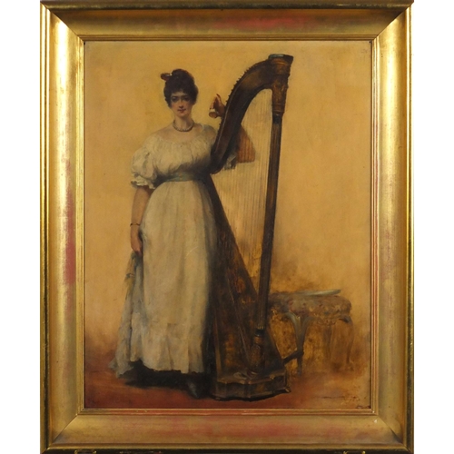909 - Female beside a harp, antique oil on wood panel, inscribed verso, mounted and framed, 44.5cm x 34cm
