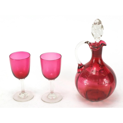 459 - Mary Gregory cranberry glass decanter engraved Ramsgate and two glasses